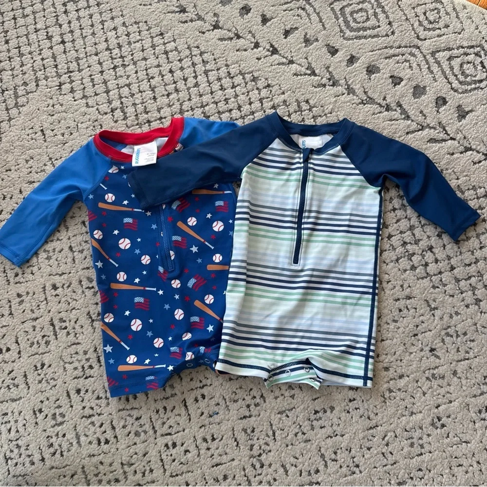 Rugged Butts Coastal Stripes and Play Ball Boys Swim Rash Guard Suits